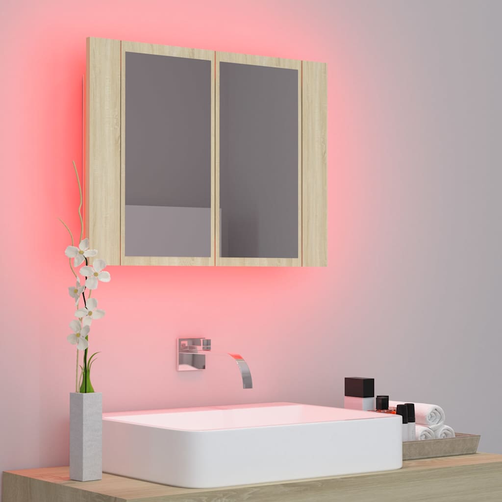 badeværelsesskab m. spejl og LED-lys 60x12x45cm akryl sonoma-eg