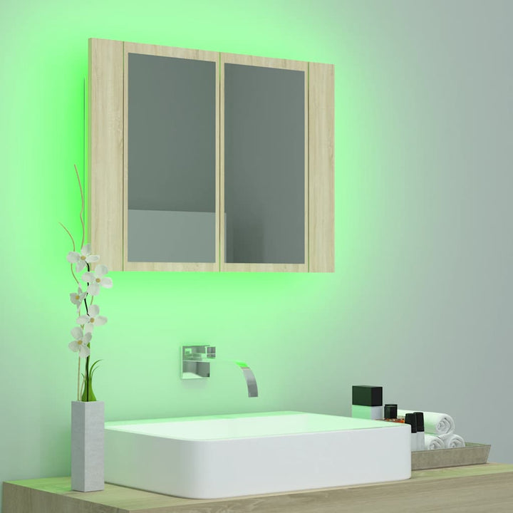 badeværelsesskab m. spejl og LED-lys 60x12x45cm akryl sonoma-eg