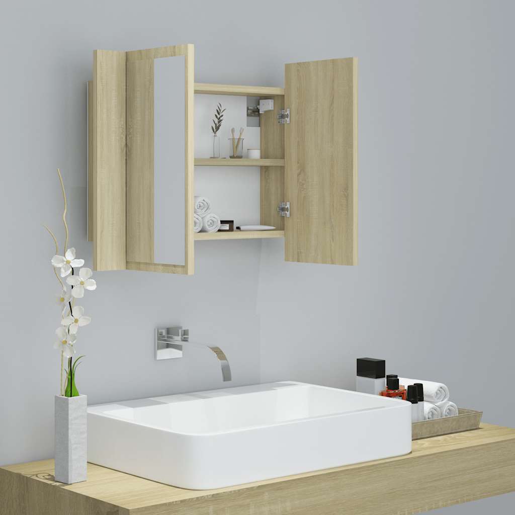 badeværelsesskab m. spejl og LED-lys 60x12x45cm akryl sonoma-eg