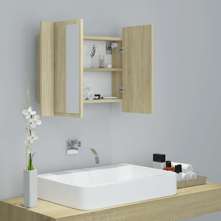 badeværelsesskab m. spejl og LED-lys 60x12x45cm akryl sonoma-eg