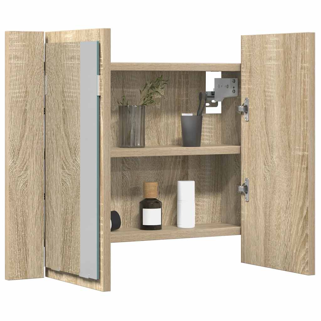 badeværelsesskab m. spejl og LED-lys 60x12x45cm akryl sonoma-eg