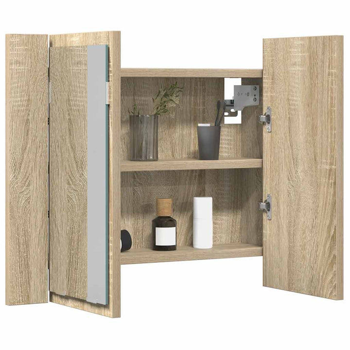 badeværelsesskab m. spejl og LED-lys 60x12x45cm akryl sonoma-eg