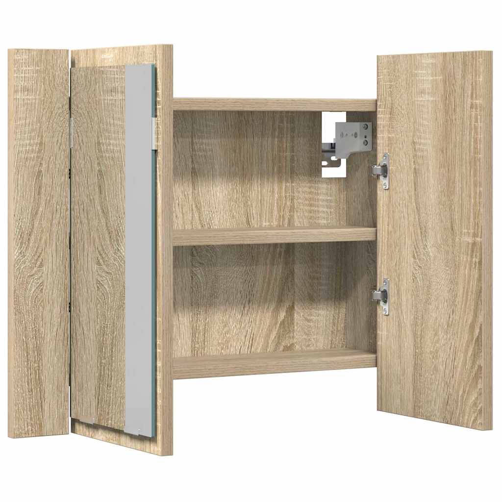 badeværelsesskab m. spejl og LED-lys 60x12x45cm akryl sonoma-eg