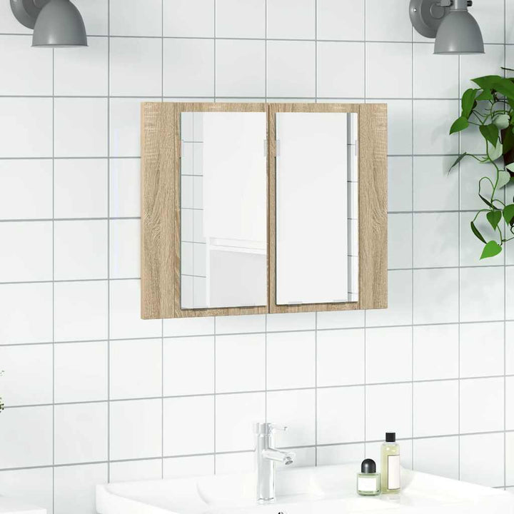 badeværelsesskab m. spejl og LED-lys 60x12x45cm akryl sonoma-eg