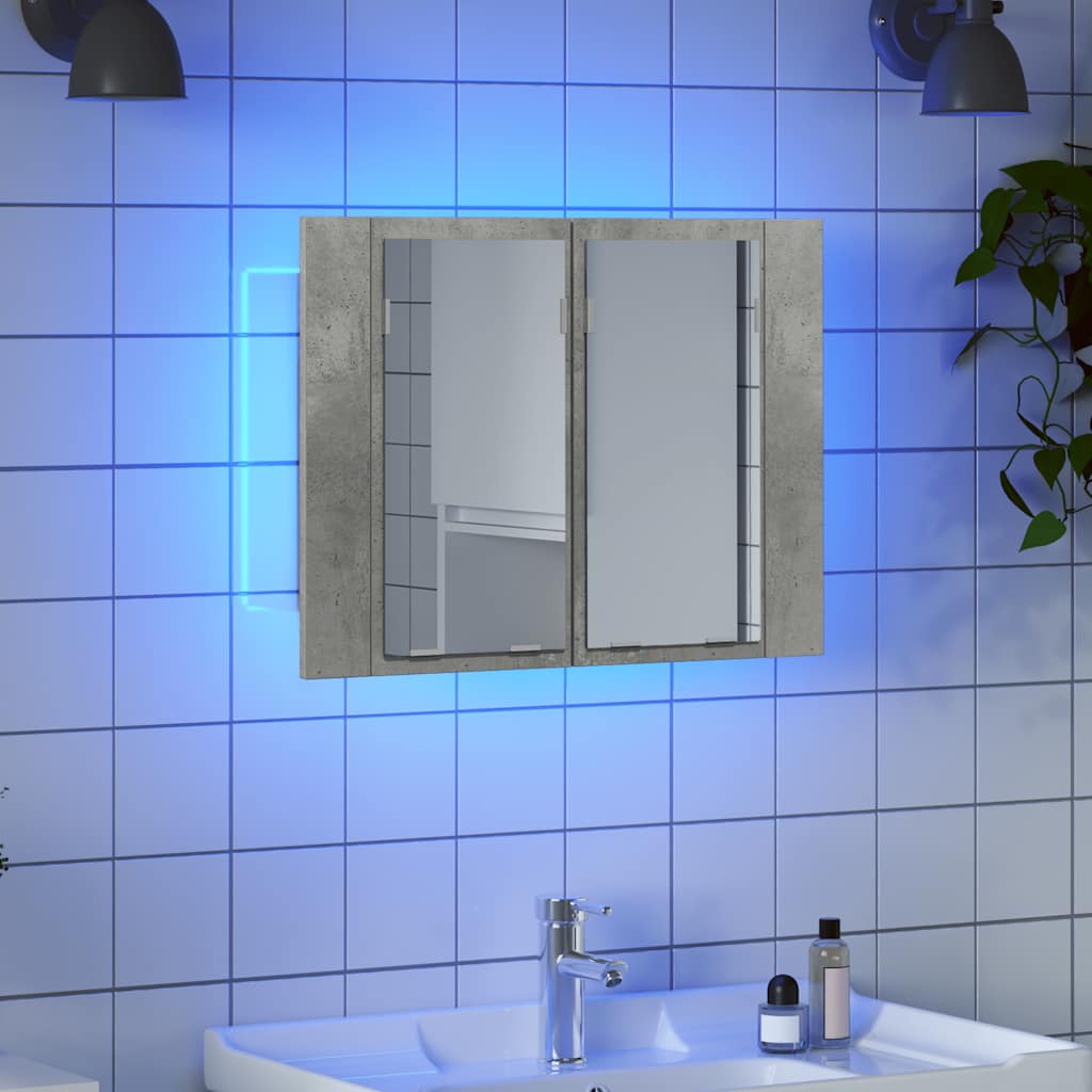 badeværelsesskab m. spejl og LED-lys 60x12x45 cm akryl betongrå