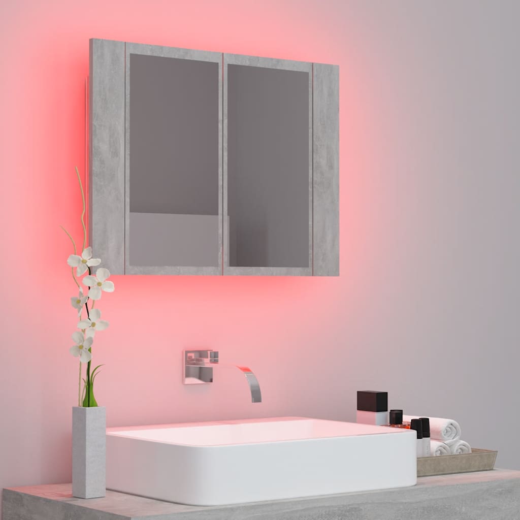 badeværelsesskab m. spejl og LED-lys 60x12x45 cm akryl betongrå
