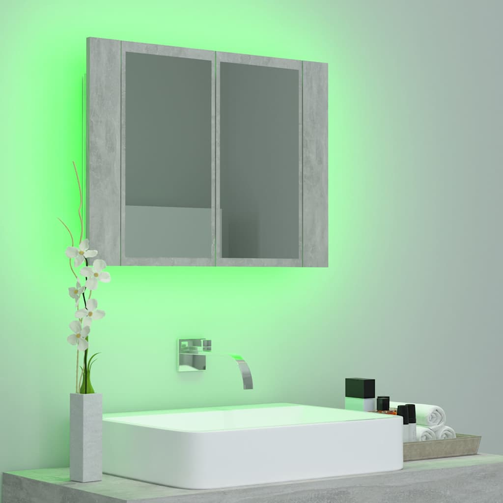 badeværelsesskab m. spejl og LED-lys 60x12x45 cm akryl betongrå