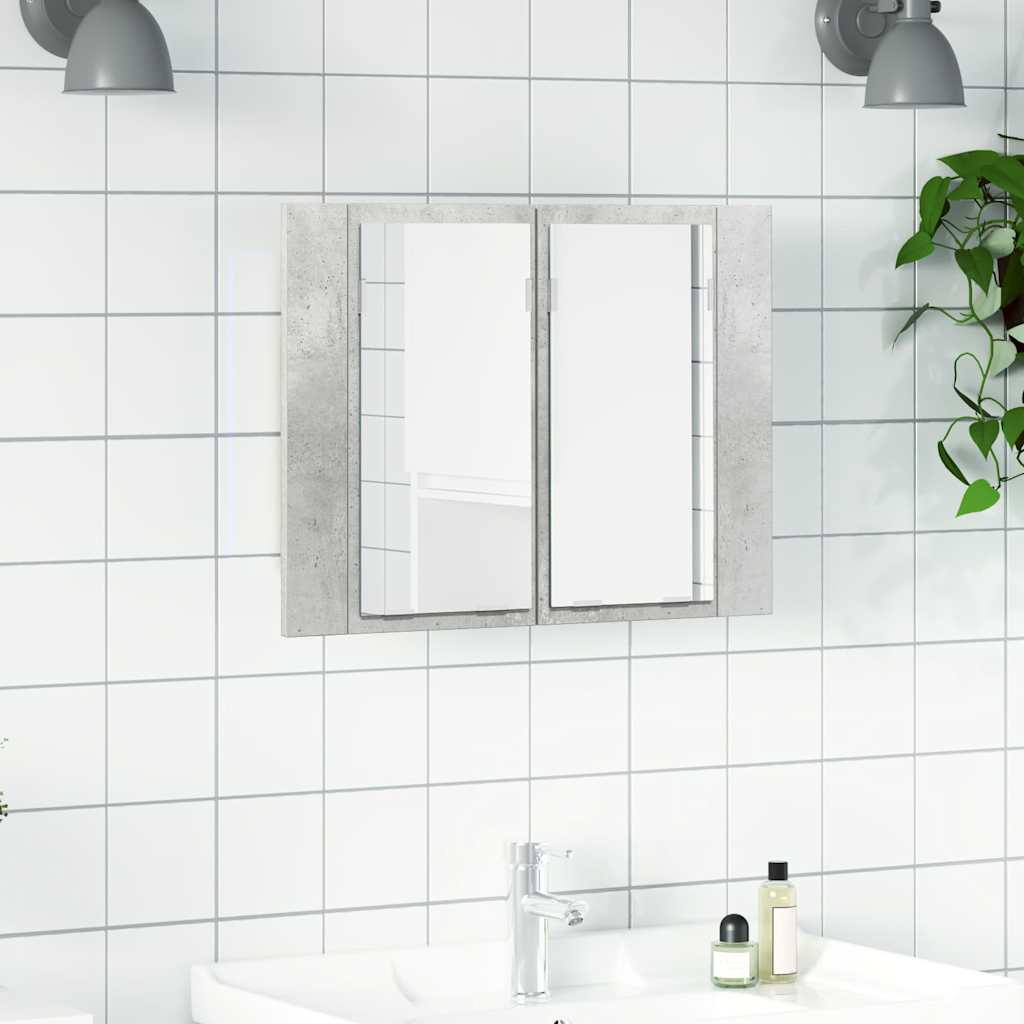 badeværelsesskab m. spejl og LED-lys 60x12x45 cm akryl betongrå