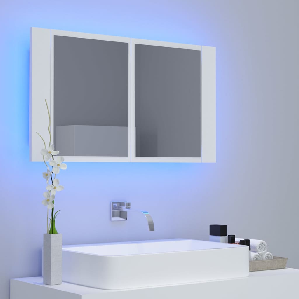 badeværelsesskab m. spejl og LED-lys 80x12x45 cm akryl hvid