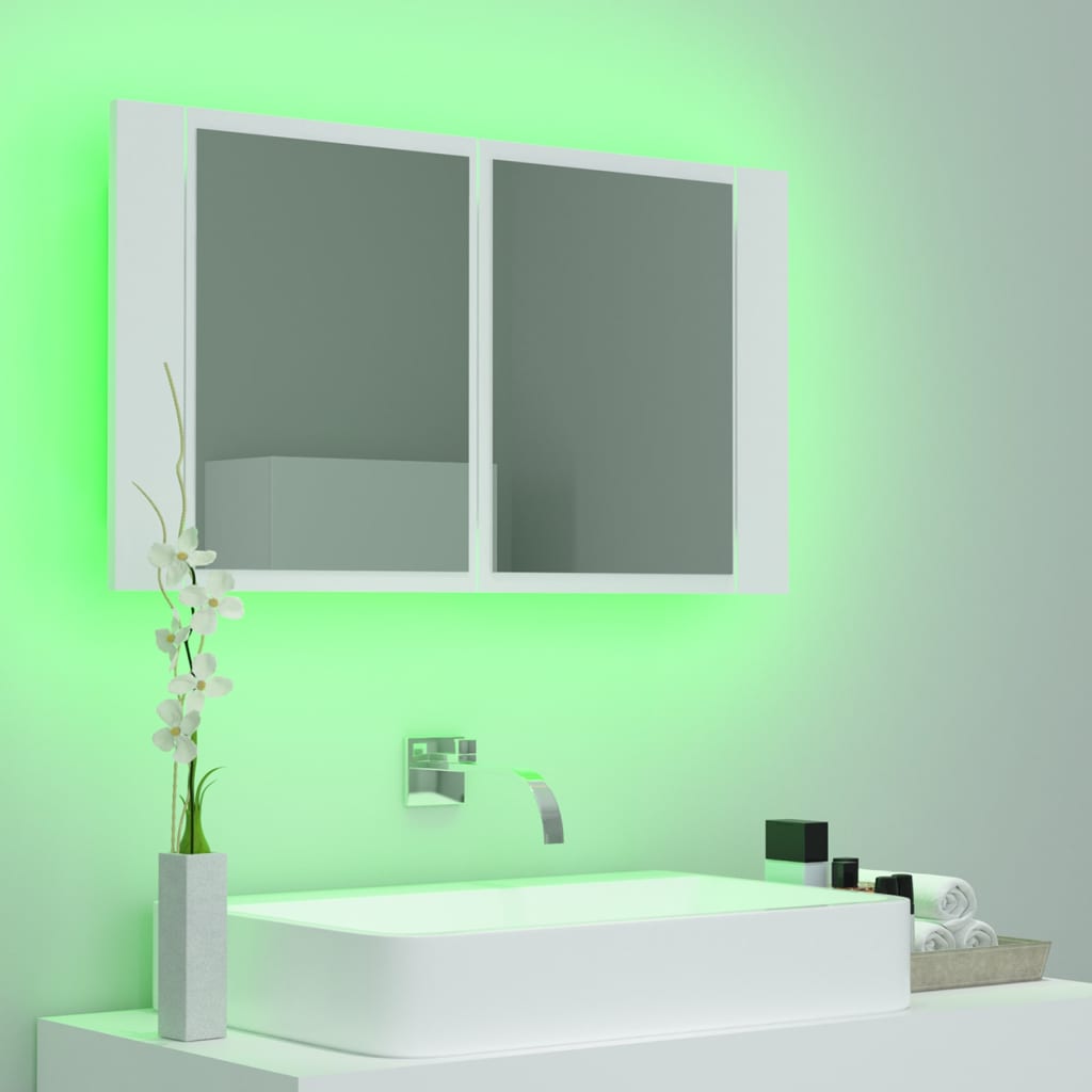 badeværelsesskab m. spejl og LED-lys 80x12x45 cm akryl hvid