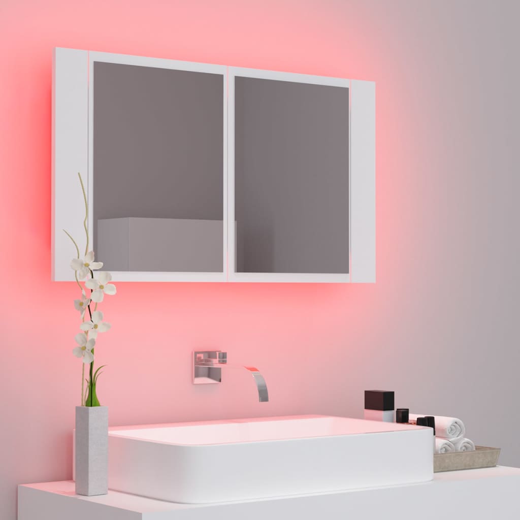 badeværelsesskab m. spejl og LED-lys 80x12x45 cm akryl hvid