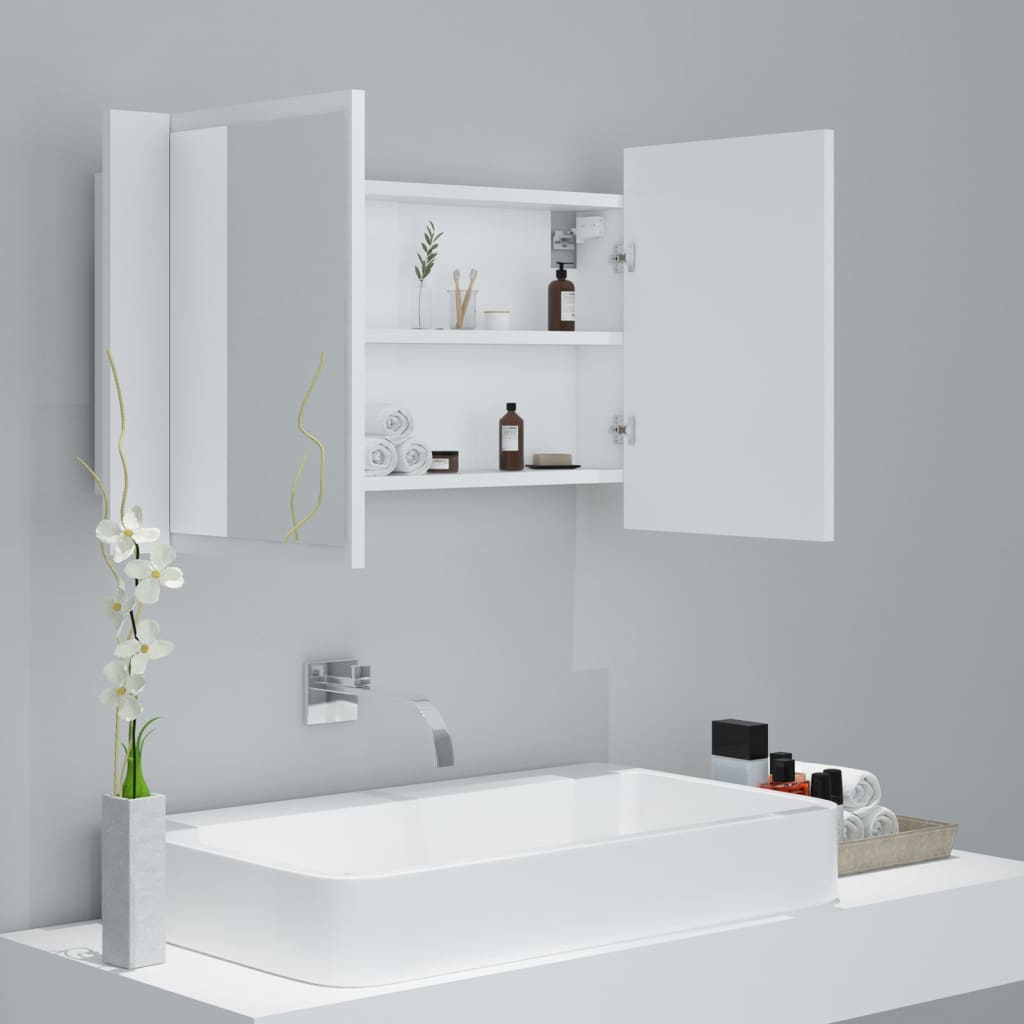 badeværelsesskab m. spejl og LED-lys 80x12x45 cm akryl hvid