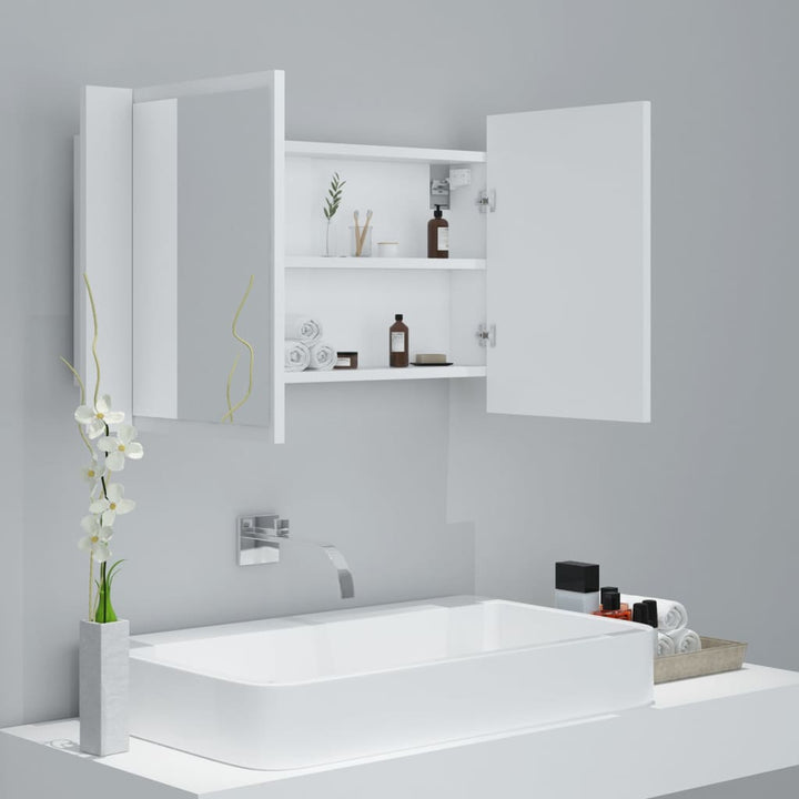 badeværelsesskab m. spejl og LED-lys 80x12x45 cm akryl hvid
