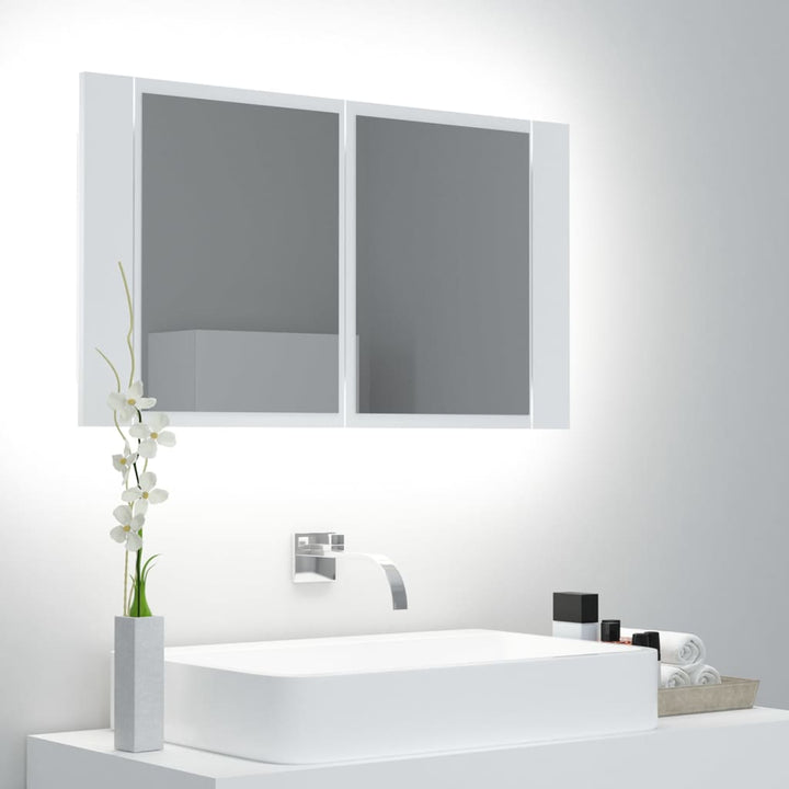 badeværelsesskab m. spejl og LED-lys 80x12x45 cm akryl hvid