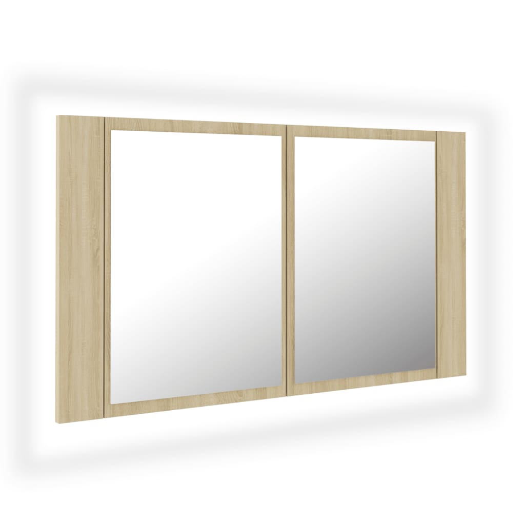 badeværelsesskab m. spejl og LED-lys 80x12x45cm akryl sonoma-eg