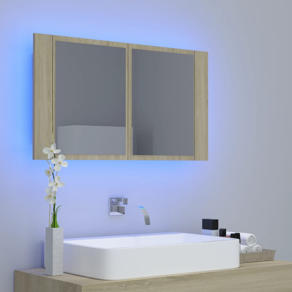 badeværelsesskab m. spejl og LED-lys 80x12x45cm akryl sonoma-eg