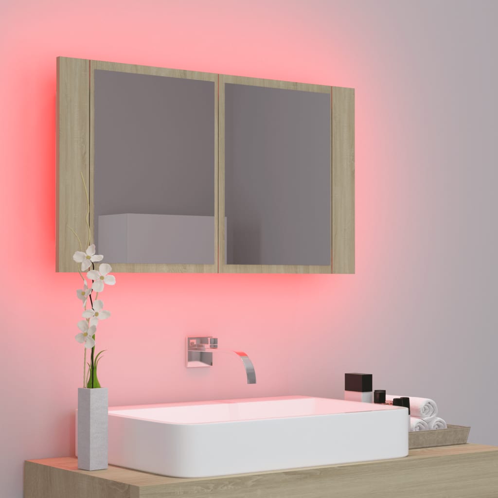 badeværelsesskab m. spejl og LED-lys 80x12x45cm akryl sonoma-eg