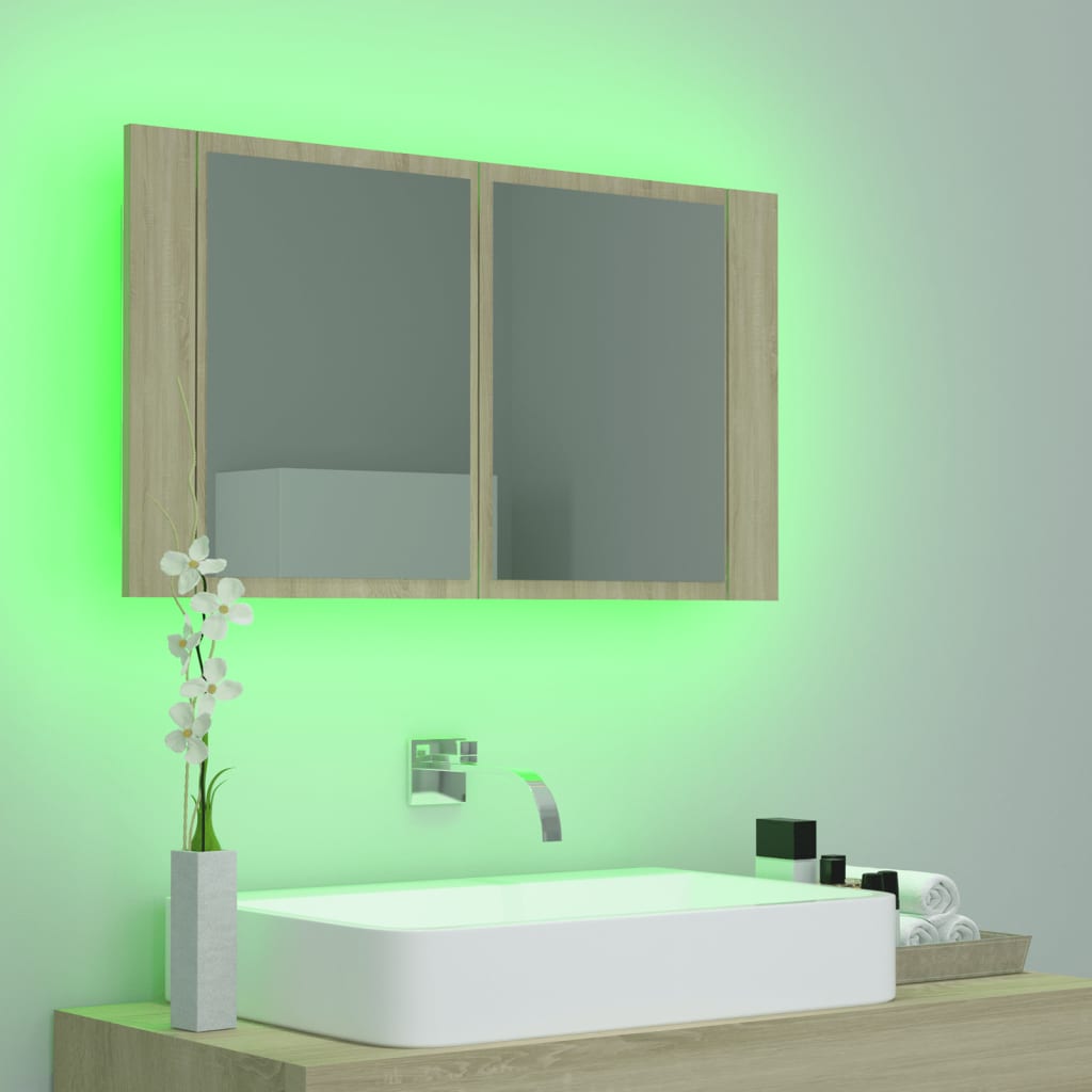 badeværelsesskab m. spejl og LED-lys 80x12x45cm akryl sonoma-eg