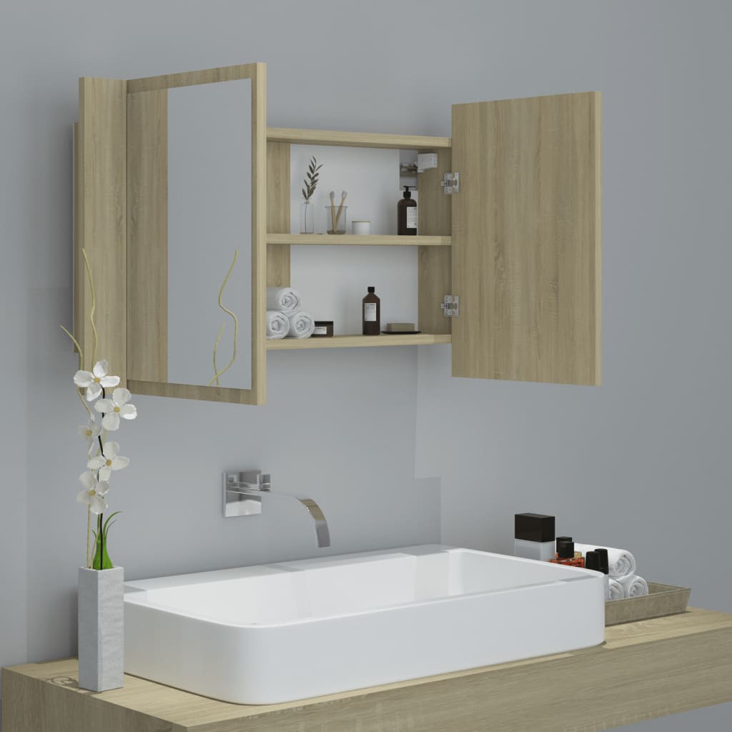 badeværelsesskab m. spejl og LED-lys 80x12x45cm akryl sonoma-eg