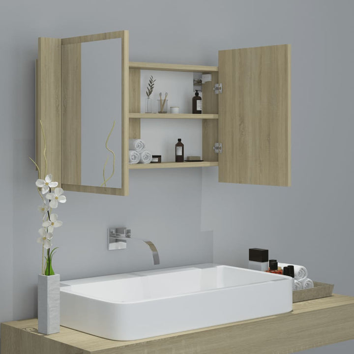 badeværelsesskab m. spejl og LED-lys 80x12x45cm akryl sonoma-eg