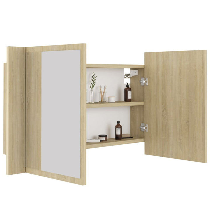 badeværelsesskab m. spejl og LED-lys 80x12x45cm akryl sonoma-eg