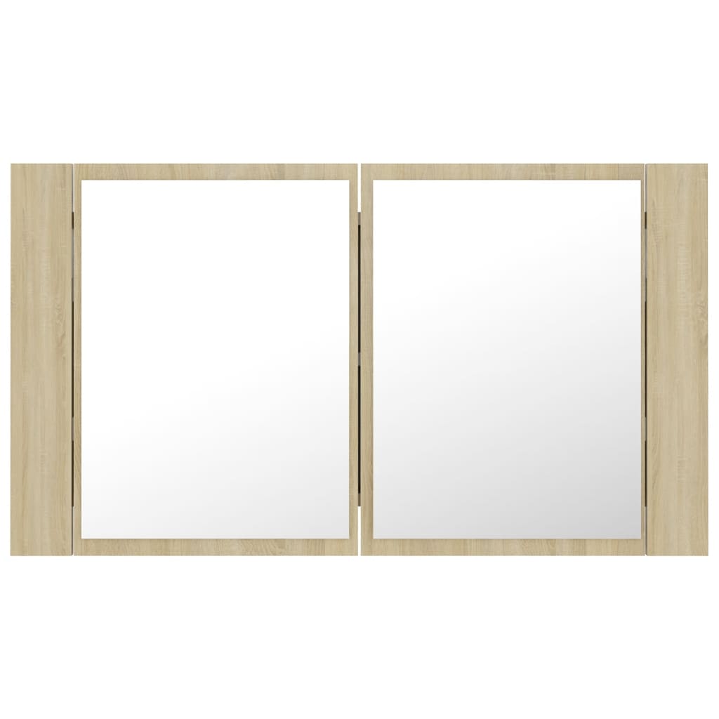badeværelsesskab m. spejl og LED-lys 80x12x45cm akryl sonoma-eg