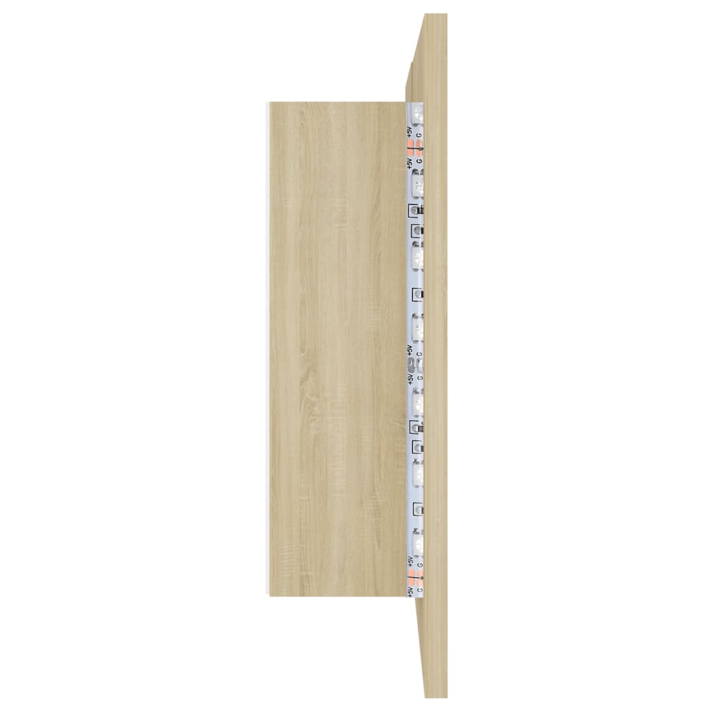 badeværelsesskab m. spejl og LED-lys 80x12x45cm akryl sonoma-eg