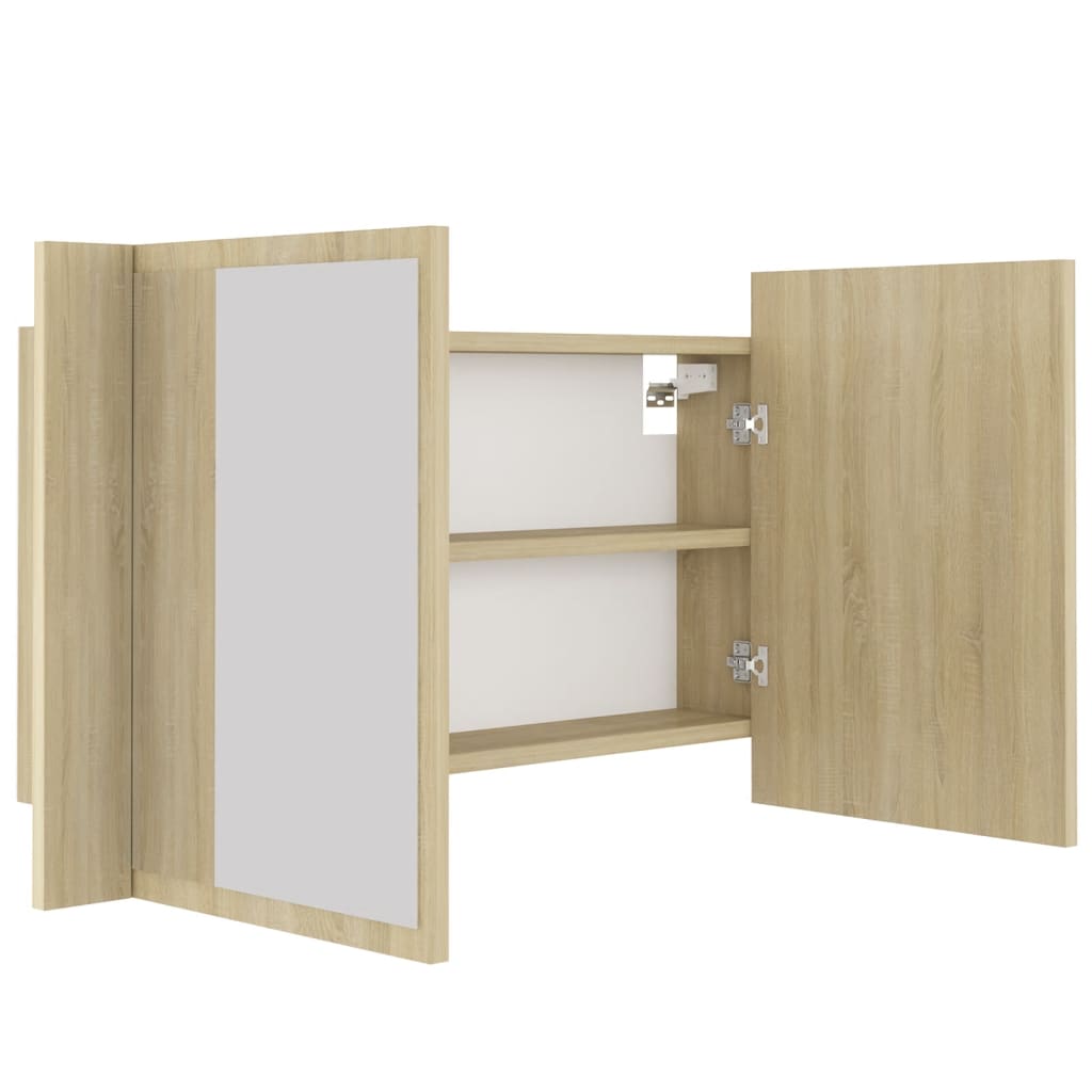 badeværelsesskab m. spejl og LED-lys 80x12x45cm akryl sonoma-eg