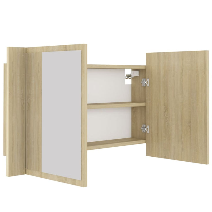 badeværelsesskab m. spejl og LED-lys 80x12x45cm akryl sonoma-eg