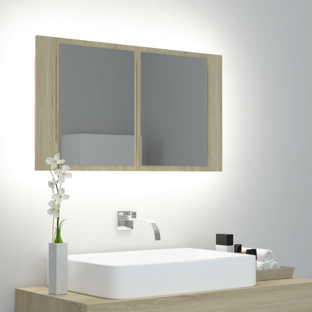 badeværelsesskab m. spejl og LED-lys 80x12x45cm akryl sonoma-eg