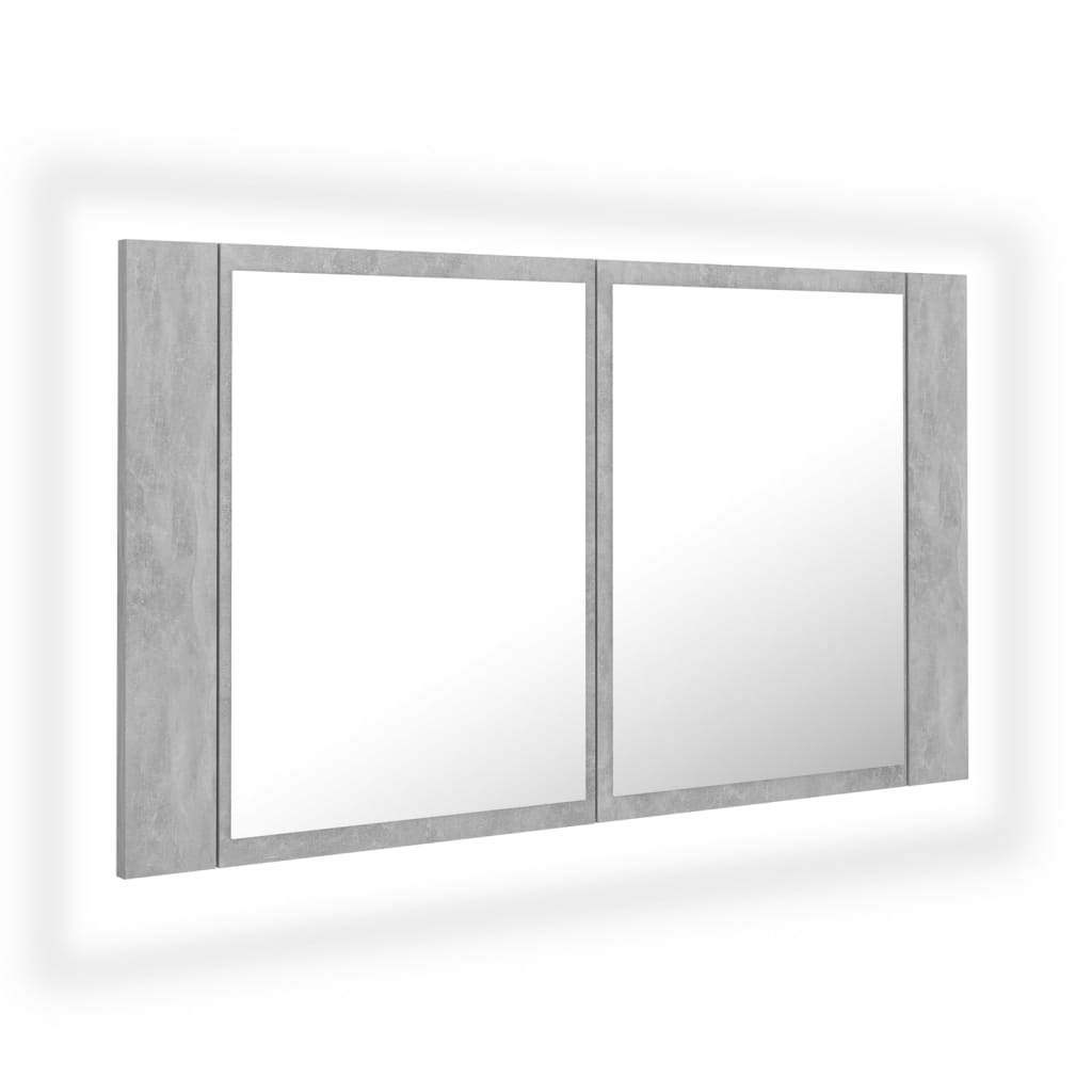 badeværelsesskab m. spejl og LED-lys 80x12x45 cm akryl betongrå