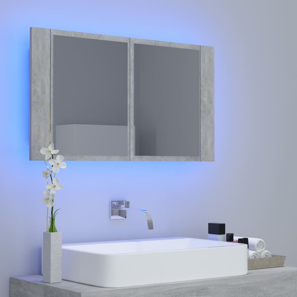 badeværelsesskab m. spejl og LED-lys 80x12x45 cm akryl betongrå