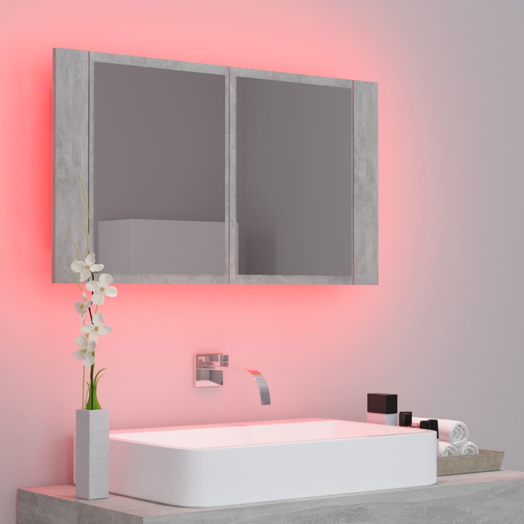 badeværelsesskab m. spejl og LED-lys 80x12x45 cm akryl betongrå