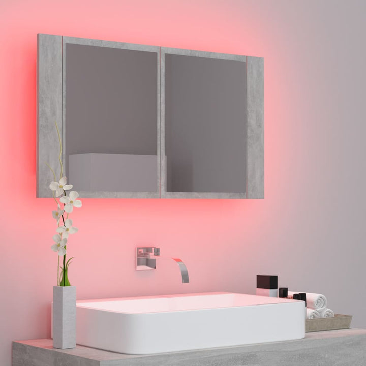 badeværelsesskab m. spejl og LED-lys 80x12x45 cm akryl betongrå