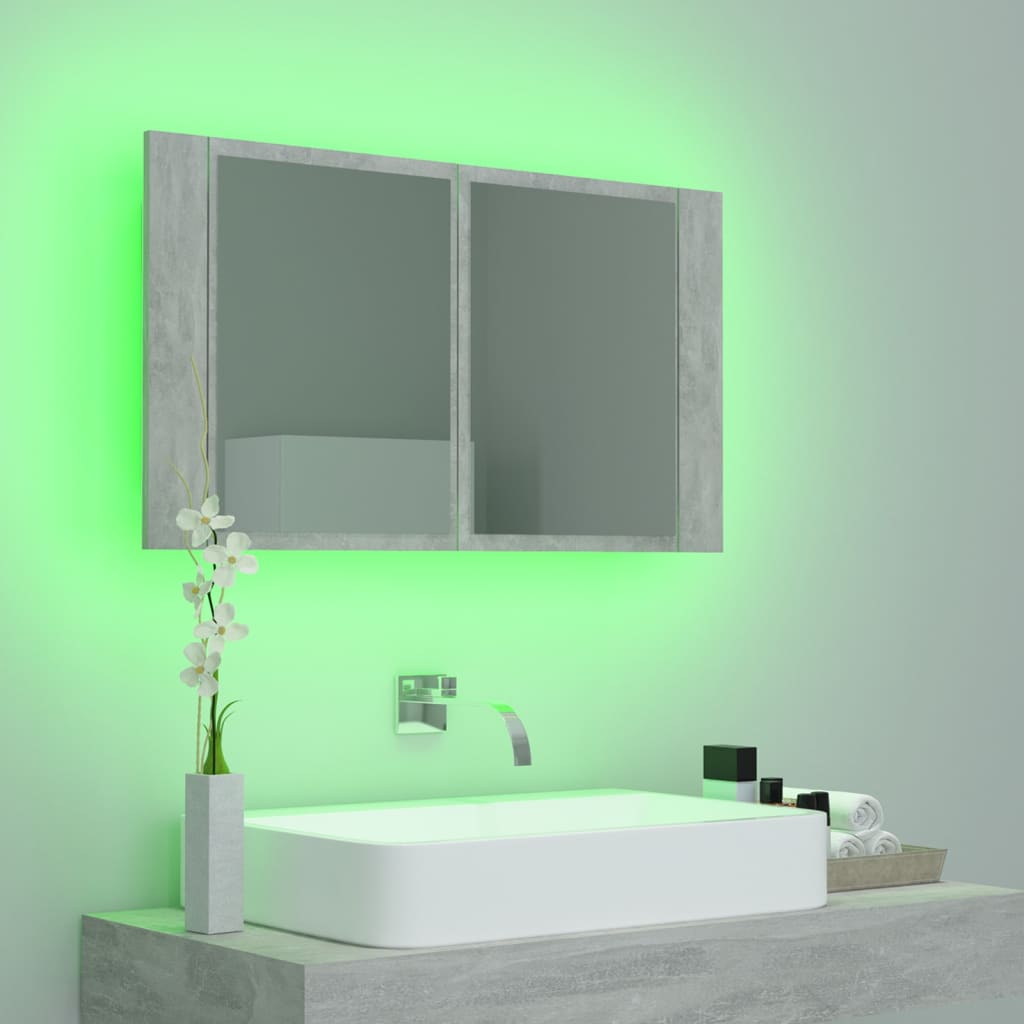badeværelsesskab m. spejl og LED-lys 80x12x45 cm akryl betongrå