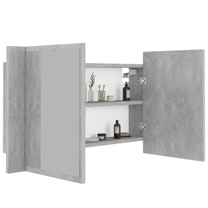 badeværelsesskab m. spejl og LED-lys 80x12x45 cm akryl betongrå