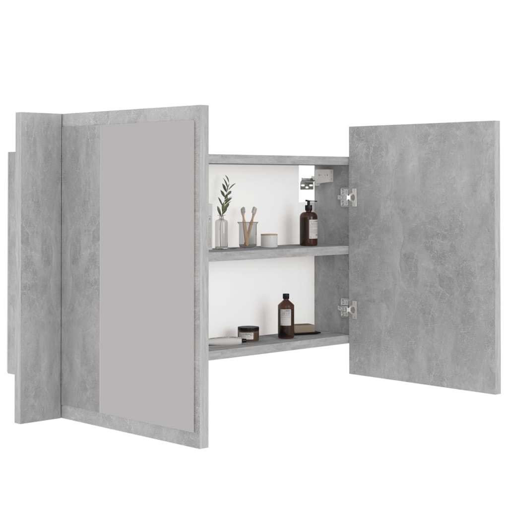 badeværelsesskab m. spejl og LED-lys 80x12x45 cm akryl betongrå