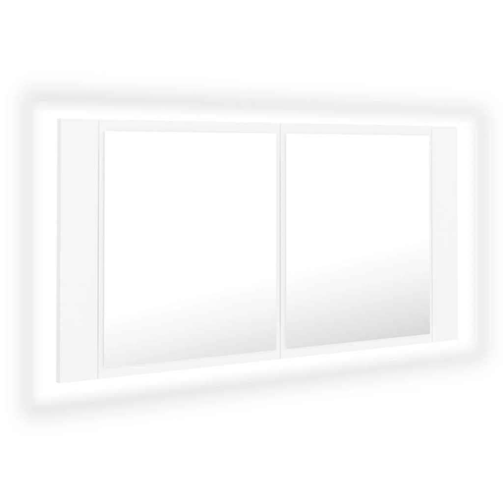 badeværelsesskab m. spejl og LED-lys 90x12x45 cm akryl hvid