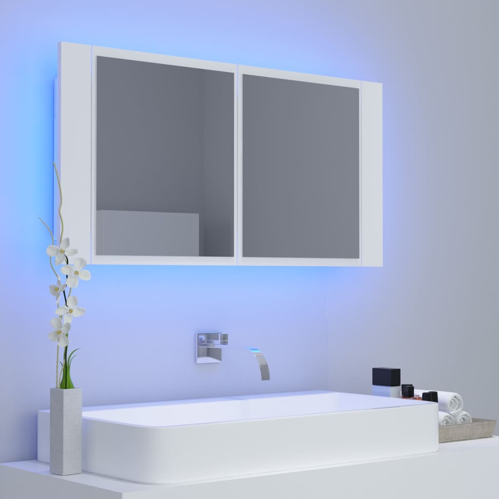 badeværelsesskab m. spejl og LED-lys 90x12x45 cm akryl hvid