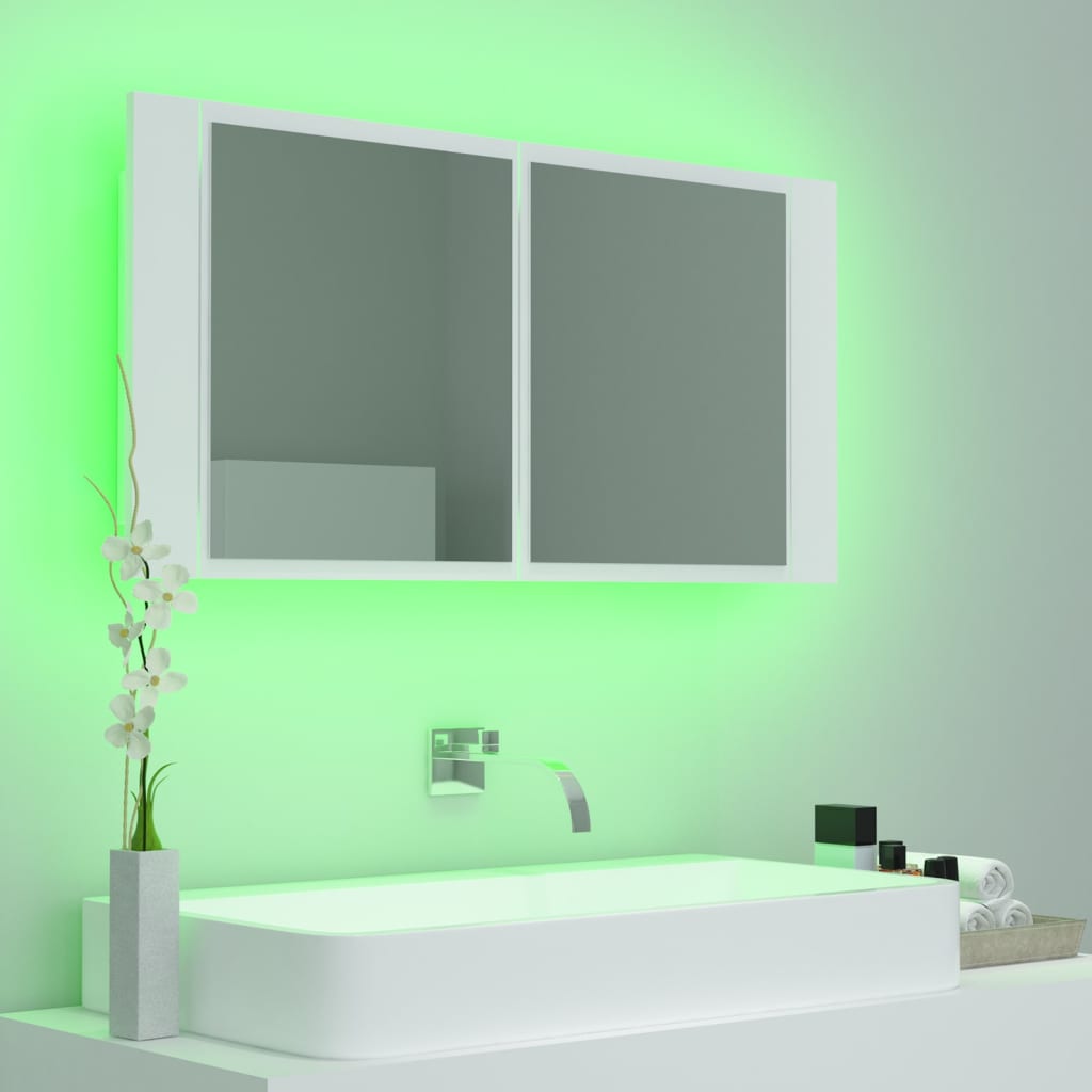badeværelsesskab m. spejl og LED-lys 90x12x45 cm akryl hvid