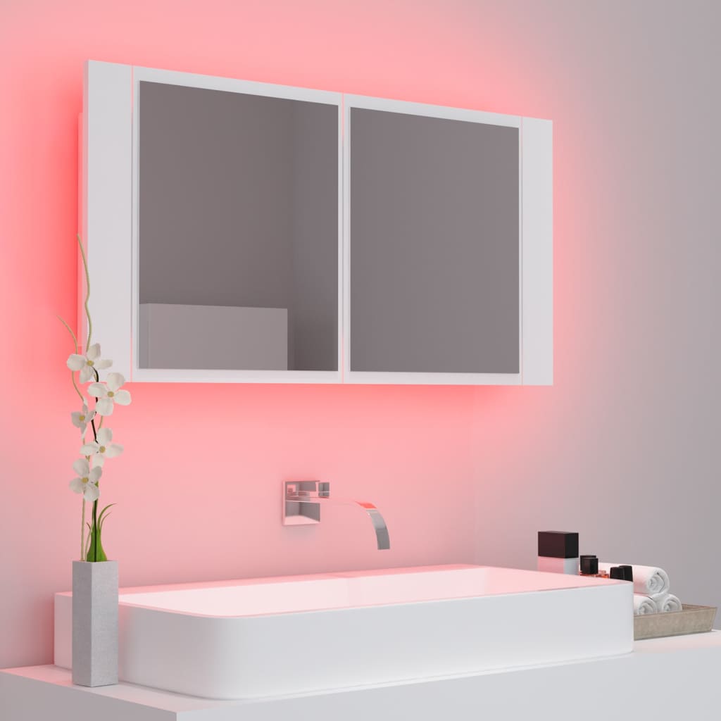 badeværelsesskab m. spejl og LED-lys 90x12x45 cm akryl hvid