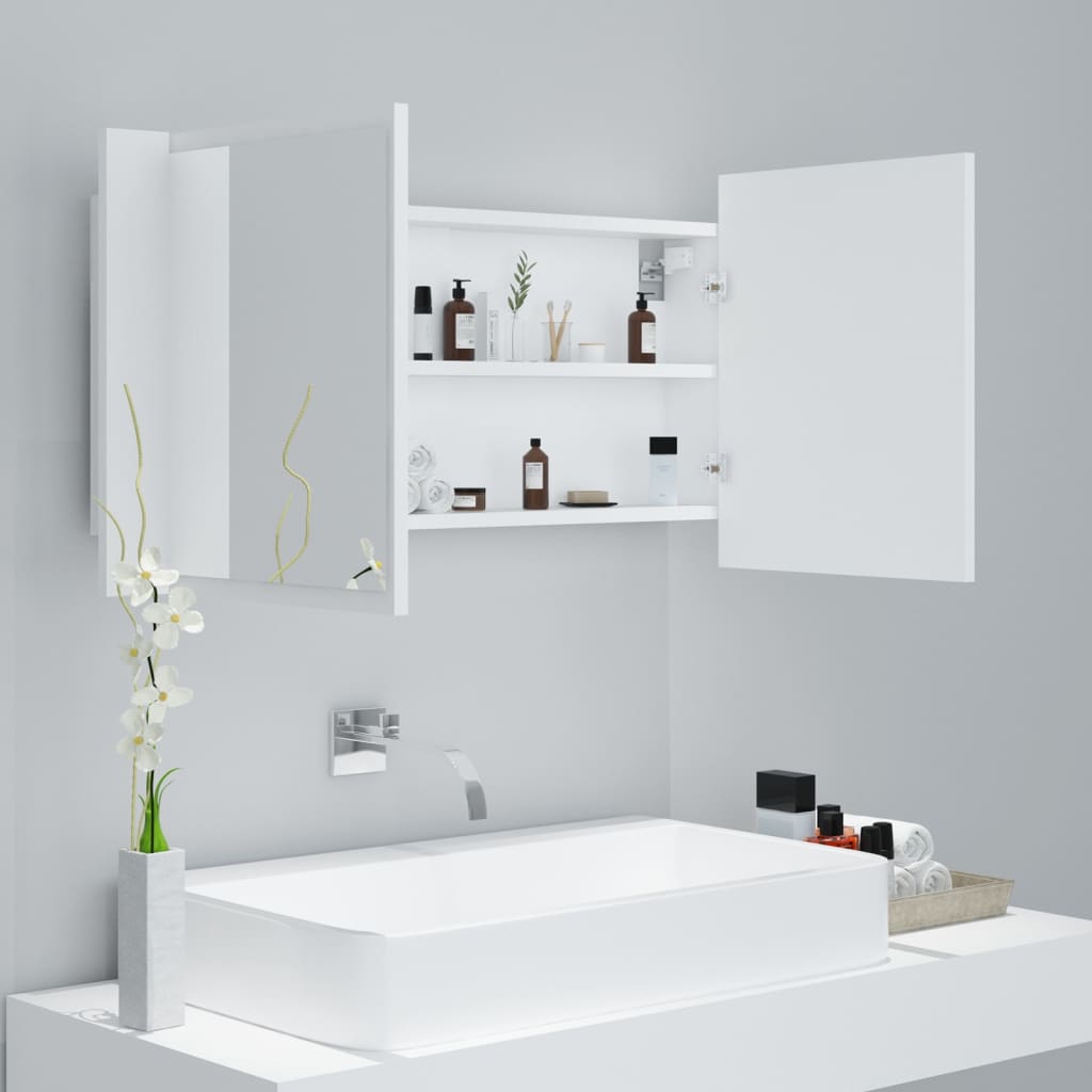 badeværelsesskab m. spejl og LED-lys 90x12x45 cm akryl hvid