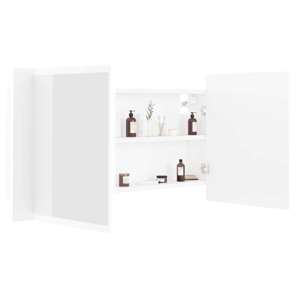 badeværelsesskab m. spejl og LED-lys 90x12x45 cm akryl hvid