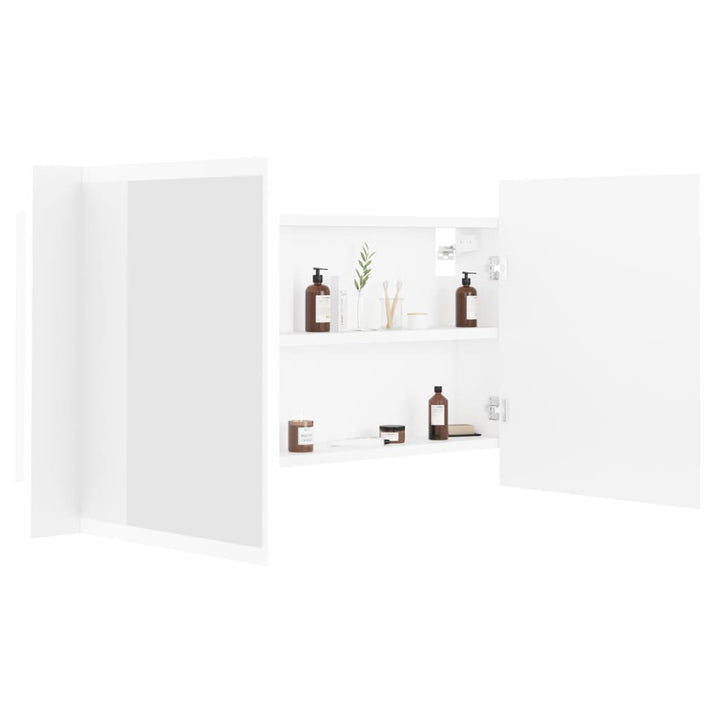 badeværelsesskab m. spejl og LED-lys 90x12x45 cm akryl hvid