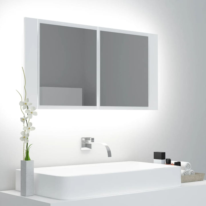 badeværelsesskab m. spejl og LED-lys 90x12x45 cm akryl hvid