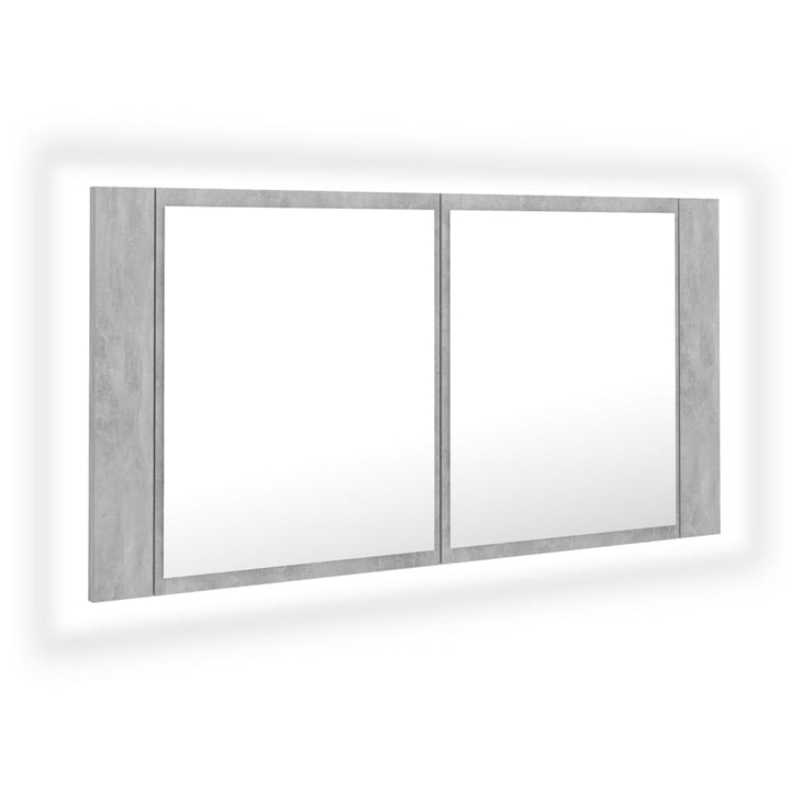 badeværelsesskab m. spejl og LED-lys 90x12x45 cm akryl betongrå