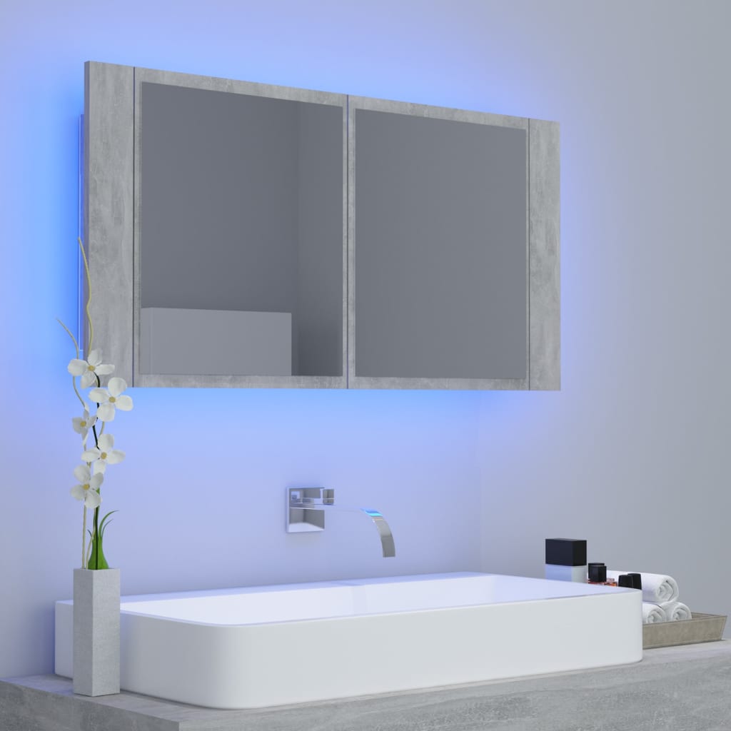 badeværelsesskab m. spejl og LED-lys 90x12x45 cm akryl betongrå