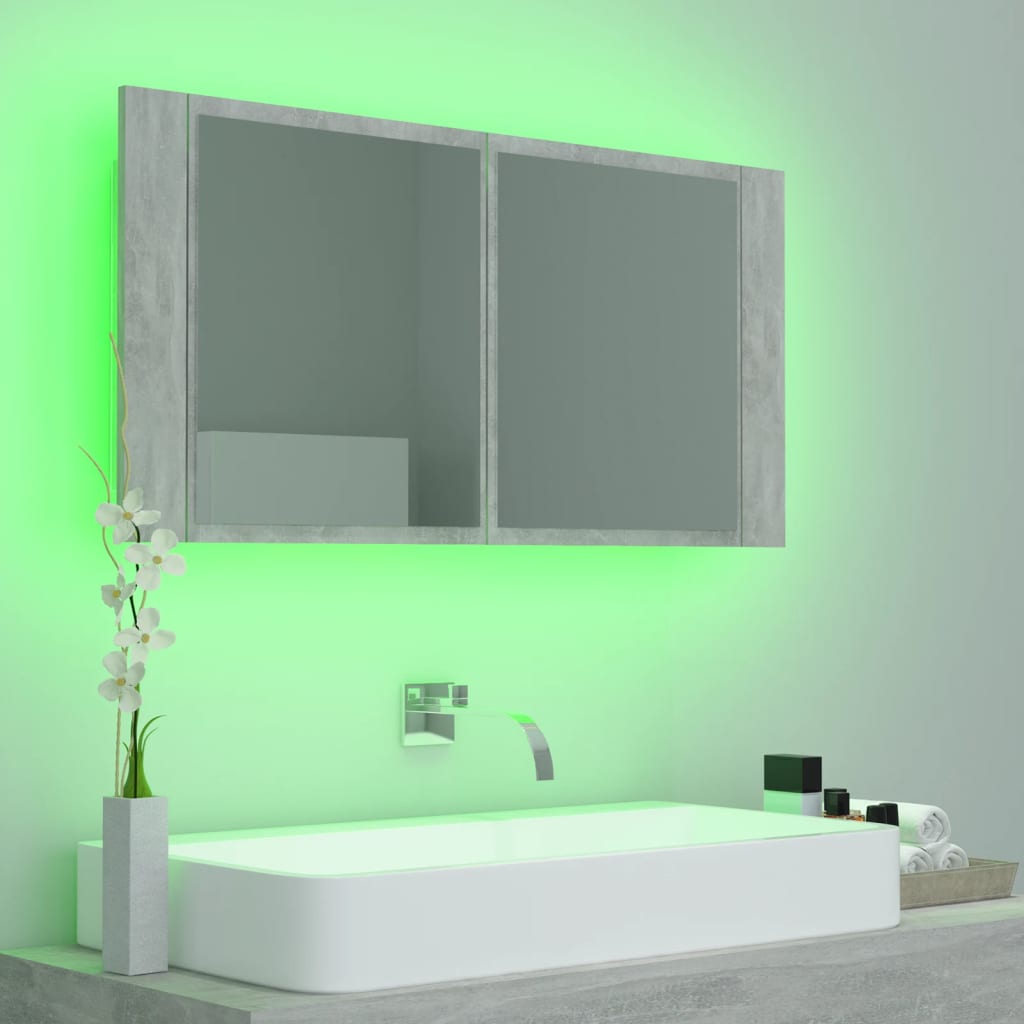 badeværelsesskab m. spejl og LED-lys 90x12x45 cm akryl betongrå