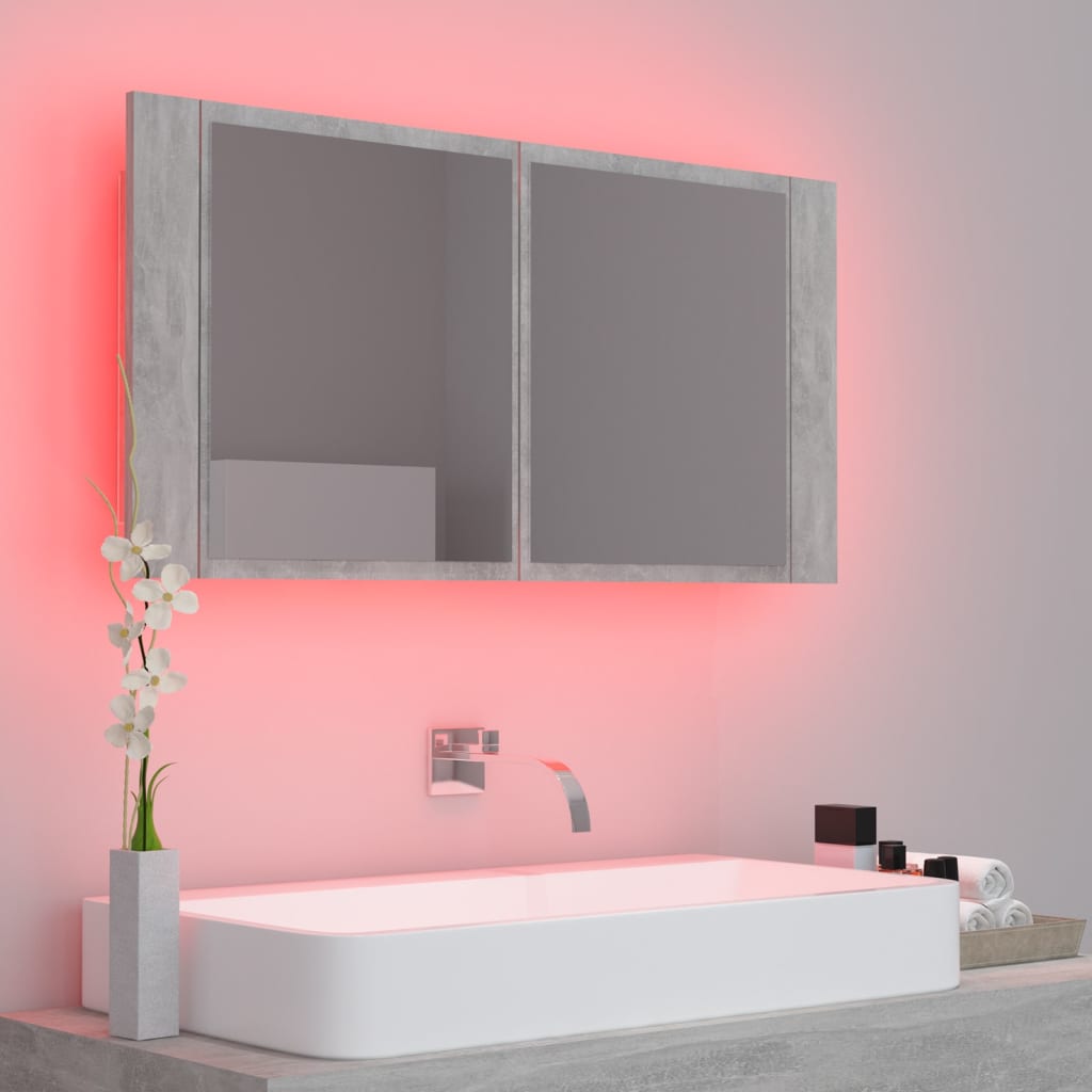 badeværelsesskab m. spejl og LED-lys 90x12x45 cm akryl betongrå