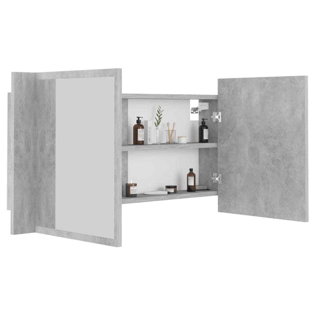 badeværelsesskab m. spejl og LED-lys 90x12x45 cm akryl betongrå